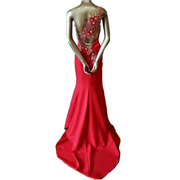 Vintage TATIK EDIZ Red Beaded Floral Detailed Evening Gown - Picture 2 of 11